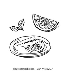 The lemon slices are on a saucer. Vector illustration. A slice of orange and mint leaves, the set is isolated on a white background. For tea party, print, menu, and cookbook themes
