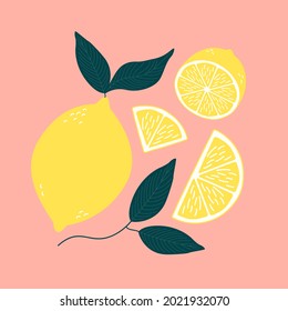 Lemon and lemon slices with pink background 