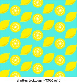 Lemon and lemon slices seamless on cyan background 