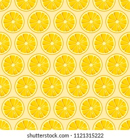 Lemon slices seamless pattern. Cute yellow lemon slices. Citrus fruit background. Summer bright colors, juicy fresh background, design elements. Tasty summer background. Vector color illustration.