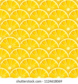 Lemon slices seamless pattern. Cute yellow lemon slices. Citrus fruit background. Summer bright colors, juicy fresh background, design elements. Tasty summer background. Vector color illustration.