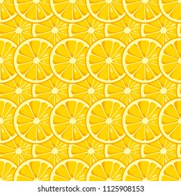 Lemon slices seamless pattern. Cute yellow lemon slices. Citrus fruit background. Summer bright colors, juicy fresh background, design elements. Tasty summer background. Vector color illustration.