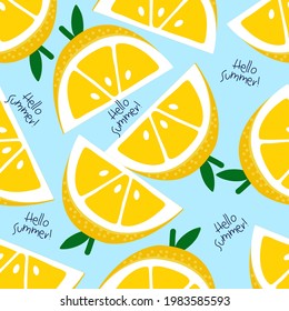 Lemon slices seamless pattern in doodle style on blue background for summer fashion print, gift wrapping paper, wallpaper etc.