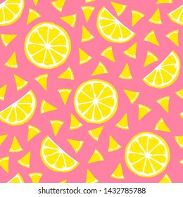 lemon slices, seamless pattern on pink background.