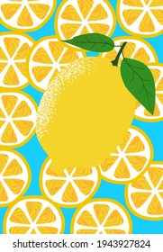 lemon slices seamless pattern on blue background. Fruit citrus. Elements for menu. Vector illustration.