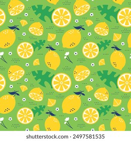 Lemon slices seamless pattern on green background fruit citrus elements. Summer style. Flat vector design for print. 