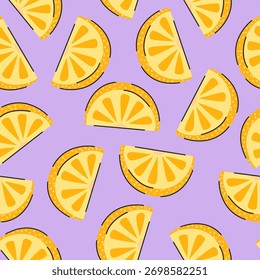 Lemon slices seamless pattern on lavender background, citrus fruit vector illustration