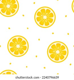 Lemon slices seamless pattern. Round slices of ripe yellow lemons on white background. Summer tropical fresh fruits theme wallpaper.