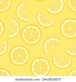 Lemon slices seamless pattern. Yellow background with citrus fruits. Vector cartoon illustration.