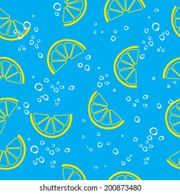lemon slices in sparkling carbonated water seamless pattern. lemonade blue vector background.
