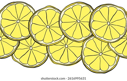 Lemon slices Vector design with graphic line ink hand drawn horizontal seamless border. Design for menu, package, cosmetic, textile, package.
