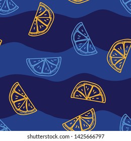 Lemon slices vector seamless pattern with navy and blue background. Great for wallpaper,backgrounds,gifs,surface pattern design,packaging design projects, stationary,fabric