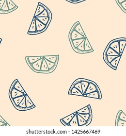 Lemon slices vector seamless pattern with cream background. Great for wallpaper,backgrounds,gifs,surface pattern design,packaging design projects, stationary,fabric