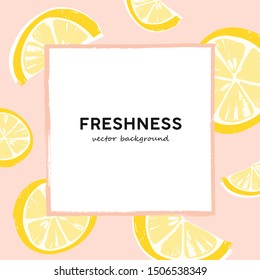 Lemon slices vector summer banner template. White square frame with text space background. Yellow citrus fruits hand drawn illustrations. Summertime event invitation design layout.