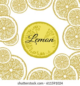 Lemon slices vector in vintage stippling style. Frame of gold lemon slices with place for text. Design for food, sweets, eco, nature products, pharmacy cosmetics, body care and more.