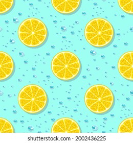Lemon slices and water drops seamless pattern. Cartoon style. Vector illustration.