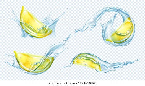 Lemon slices in water splash. Vector set of realistic fresh citrus pieces with clear juice or lemonade. Ripe summer fruits isolated on transparent background