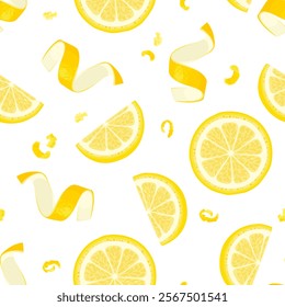 Lemon slices and zest seamless pattern. Background with yellow citrus fruits. Vector cartoon illustration.