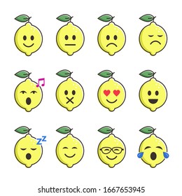 Lemon smile emoticon cartoon set character. Different moods lemon Fruits vector color collection.