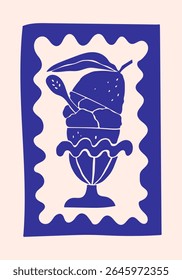 Lemon sorbet stamp, hand drawn Amalfi coast summer doodle print. Beach, marine and Mediterranean vibes. Retro postcard clipart in coastal naive minimal design. Perfect for travel, fashion and decor