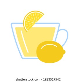 Lemon sour taste herbal tea in glass cup. Teacup and slice lemon of fresh citrus fruit drink. Vector flat illustration