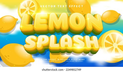 Lemon splash 3d editable text effect with yellow color, suitable for tropical fruit concept.