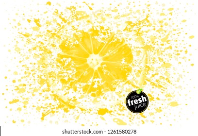 Lemon with a splash of fresh juice. Explosion and splashes of ripe juicy fruit. White background Illustration – Vector