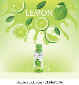 Lemon splash juice bottle tropical fruits design vector illustration