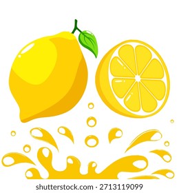 Vector de salpicadura de limón. Ilustración de salpicadura de jugo de cítricos. Perfecto para marcas de bebidas, etiquetas de jugos, anuncios, empaques, carteles, diseños de verano y proyectos creativos de temática refrescante