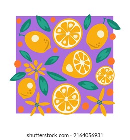 Lemon square vector illustration. Citrus colorful card with lemon, half, leaf, spot, dot, flower. Fresh fruit vibrant summer background 