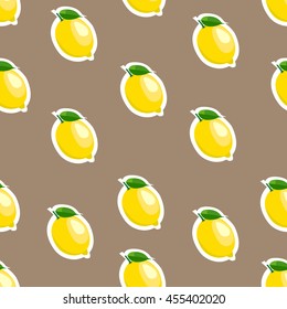 Lemon sticker brown background. Pattern with lemon and leaves. Brown background.