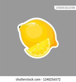 Lemon sticker isolated on white background. Bright vector illustration of colorful half and whole of juicy lemon. Fresh cartoon