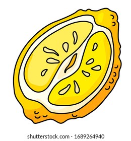Sticker de limón sobre fondo blanco aislado. Pieza de cítrico de línea negra para tarjeta de regalo, logo de tienda de comida saludable, baldosa de baño, paquete de jugo. Maletín telefónico o impresión de tela. Ilustración vectorial de estilo dibujado a mano