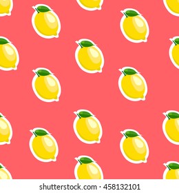 Lemon sticker red background. Pattern with lemon and leaves.