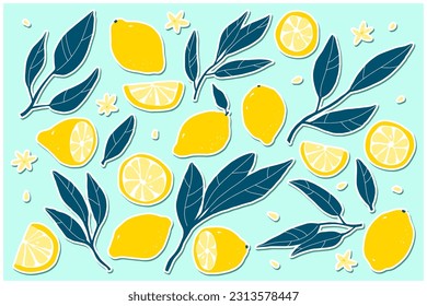 Lemon sticker set. Hand-drawn lemons on a blue background. Slice, halves, whole fruit, leaves, flowers, seeds. Cartoon citrus tropical collection. Healthy food sign. Vector botanical illustration