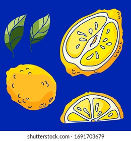 Lemon sticker set on navy blue backdrop. Lime pieces and leaves for gift card, healthy food shop logo, bath tile, juice pack. Phone case or cloth print art. Hand drawn style stock vector illustration