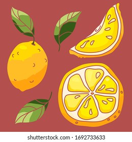 Pegatina de limón puesta sobre fondo rosa. Piezas de limón y hojas para regalo, logo de la tienda de alimentos saludables, baldosas de baño, paquete de jugo. Pieza telefónica o arte de impresión de tela. Ilustración vectorial de estilo dibujado a mano