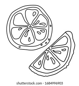 Lemon sticker set on white isolated backdrop. Black line citrus for gift card, healthy food shop logo, bath tile, color book. Phone case or cloth print art. Hand drawn style stock vector illustration