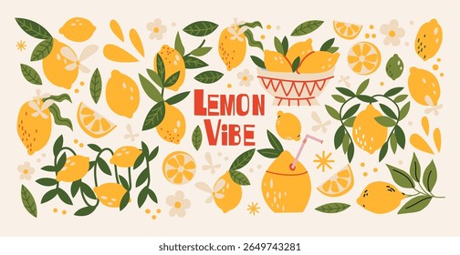 Lemon stickers in retro cartoon style. Citrus fruits elements: whole fruits, slices, juice, flowers, leaves, bowl. Fresh summer shapes. Illustration in funky, doodle style.