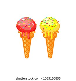 Lemon and strawberry ice cream in a waffle cup. A set of sweet confectionery. Dessert. Isolated icon. Vector

