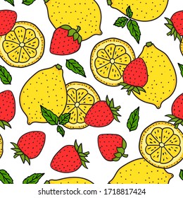 Lemon and strawberry with mint leaves. Seamless pattern. Red and yellow colors. Whole lemon and a round slice. Vector hand drawn illustration Surface design isolated on white background.