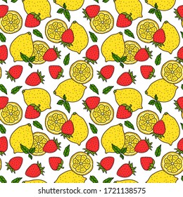 Lemon and strawberry. Red and yellow colors. Seamless pattern. Whole lemon and a round slice. Vector hand drawn illustration Surface design isolated on white background. Drink Ingredients