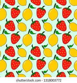 Lemon and strawberry seamless pattern  with blue background