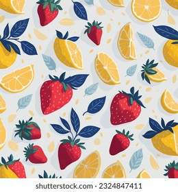 Lemon and strawberry Watercolor white background. Flat design fruit and fruit pattern