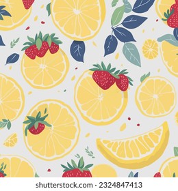 Lemon and strawberry Watercolor white background. Flat design fruit and fruit pattern