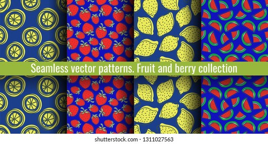 Lemon, strawberry, watermelon. Seamless pattern set. Juicy fruit and berry collection. Hand drawn color vector sketch background. Colorful doodle wallpaper. Summer print 