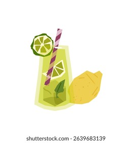 Lemon Summer Drink Illustration. Lemon cocktail with lime slice, mint and straw in flat cartoon style. Bright flat illustration, isolated on white background.