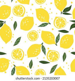 Lemon - Summer fruit seamless pattern with lemon, half and leaf. Sweet tropical background for textile, fabric, decorative paper. Vector illustration