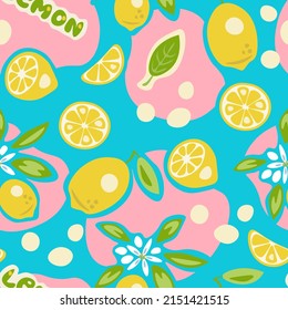 Lemon summer pattern, vector seamless illustration in candy colors
