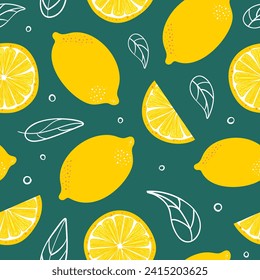 Lemon summer seamless pattern in minimalistic style. Tropical exotic fruits, leaves. Healthy food. For menu, cafe, wallpaper, fabric, wrapping, background. Peach Fuzz.